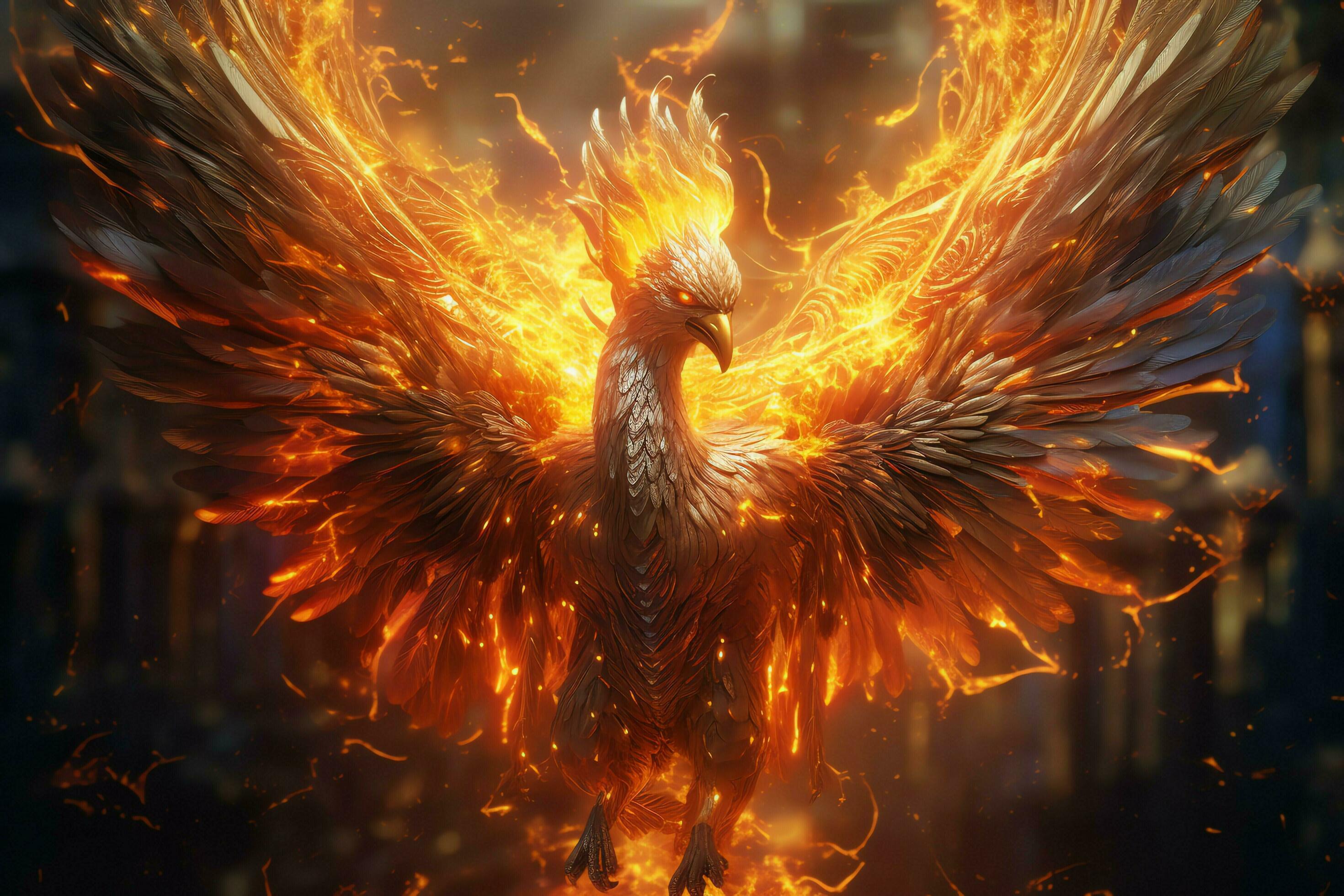 Phoenix bird with outstretched wings rising burning in flames. Epic ...