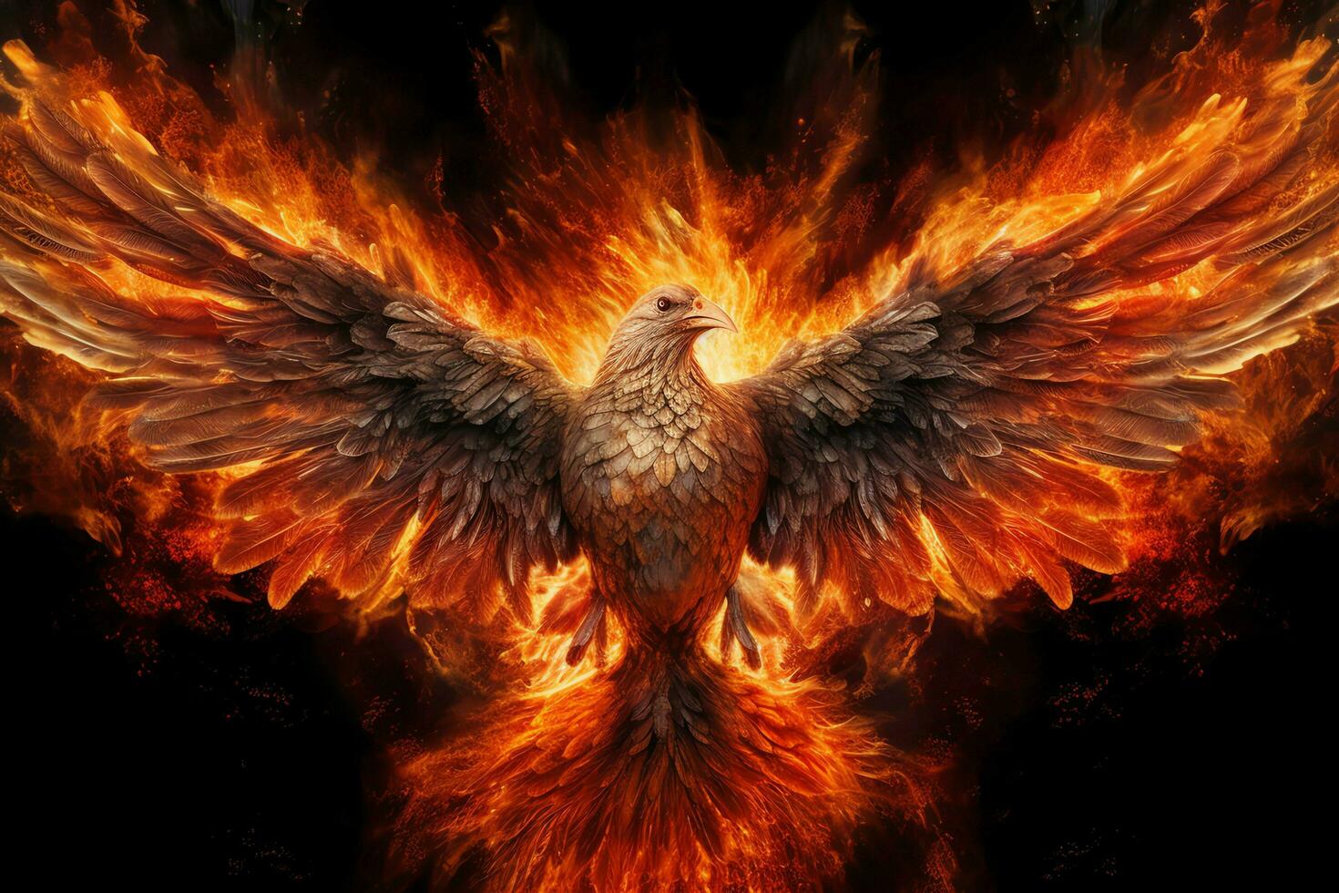 Phoenix bird with outstretched wings rising burning in flames. Epic phoenix bird fire rebirth power concept by AI Generated photo