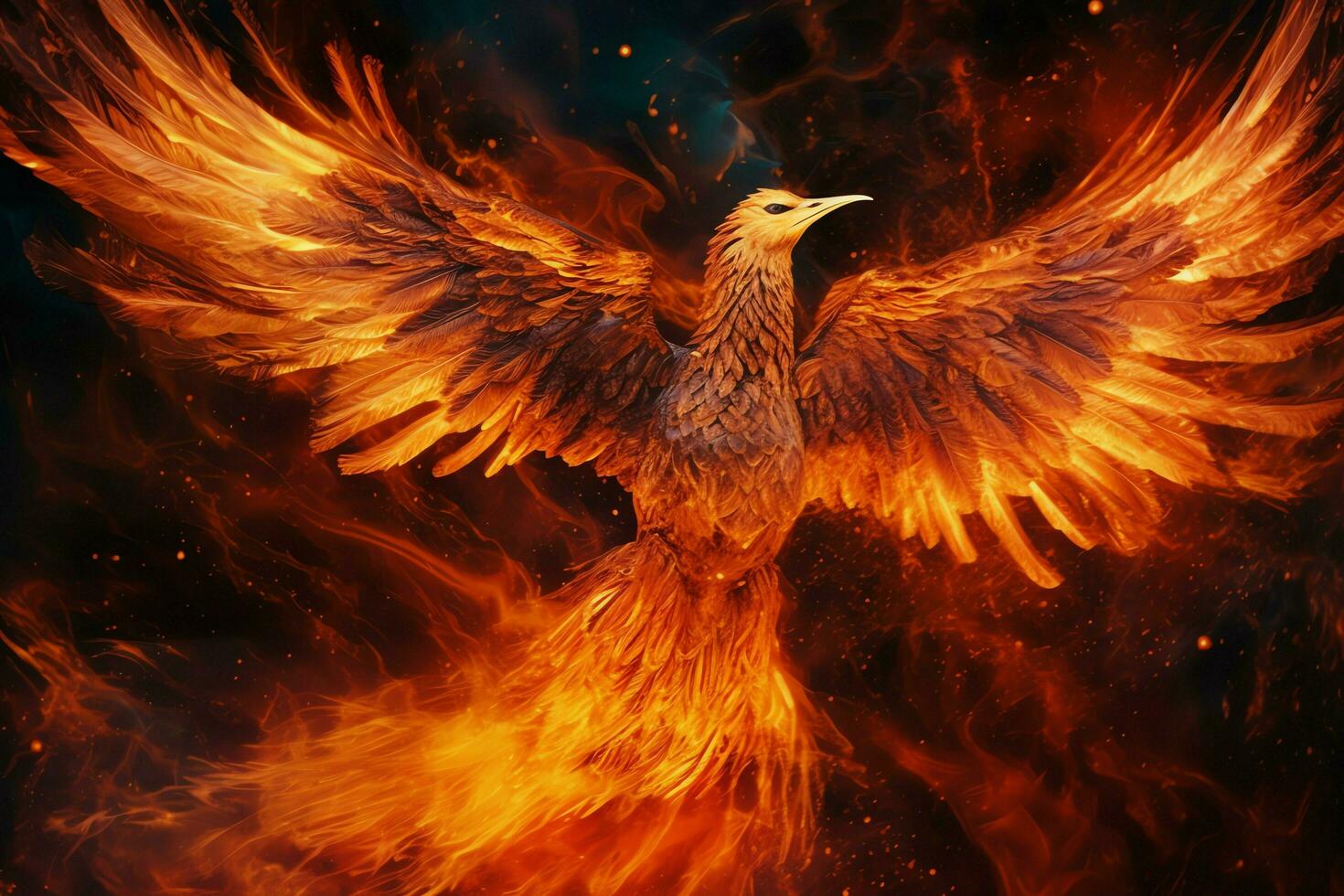 Phoenix bird with outstretched wings rising burning in flames. Epic phoenix bird fire rebirth power concept by AI Generated photo