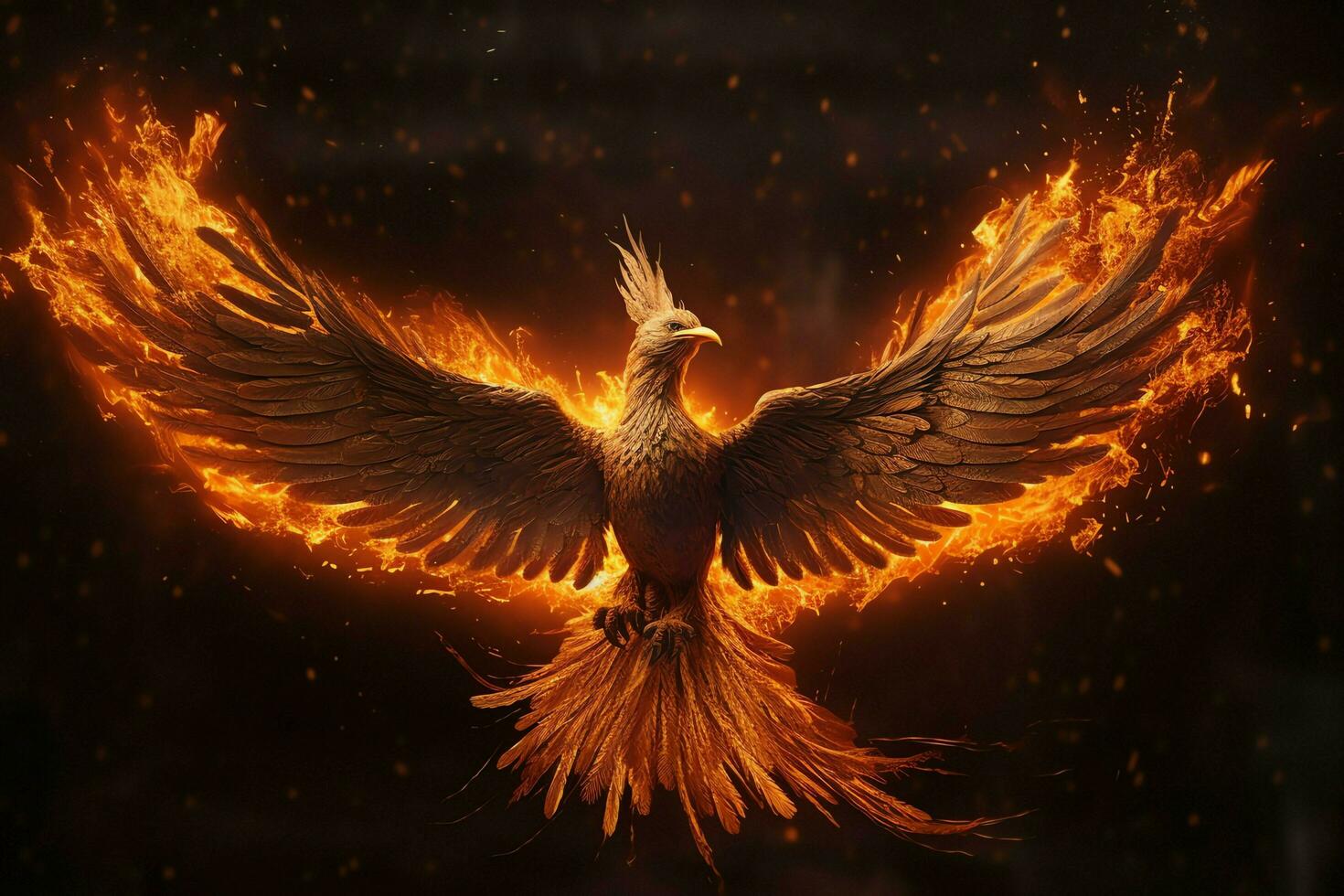 Phoenix bird with outstretched wings rising burning in flames. Epic phoenix bird fire rebirth power concept by AI Generated photo