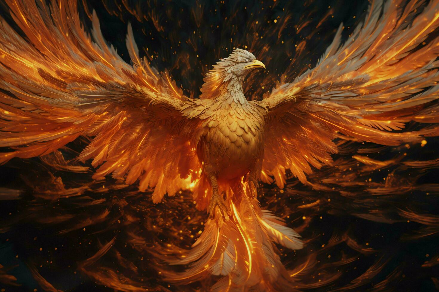 Phoenix bird with outstretched wings rising burning in flames. Epic phoenix bird fire rebirth power concept by AI Generated photo