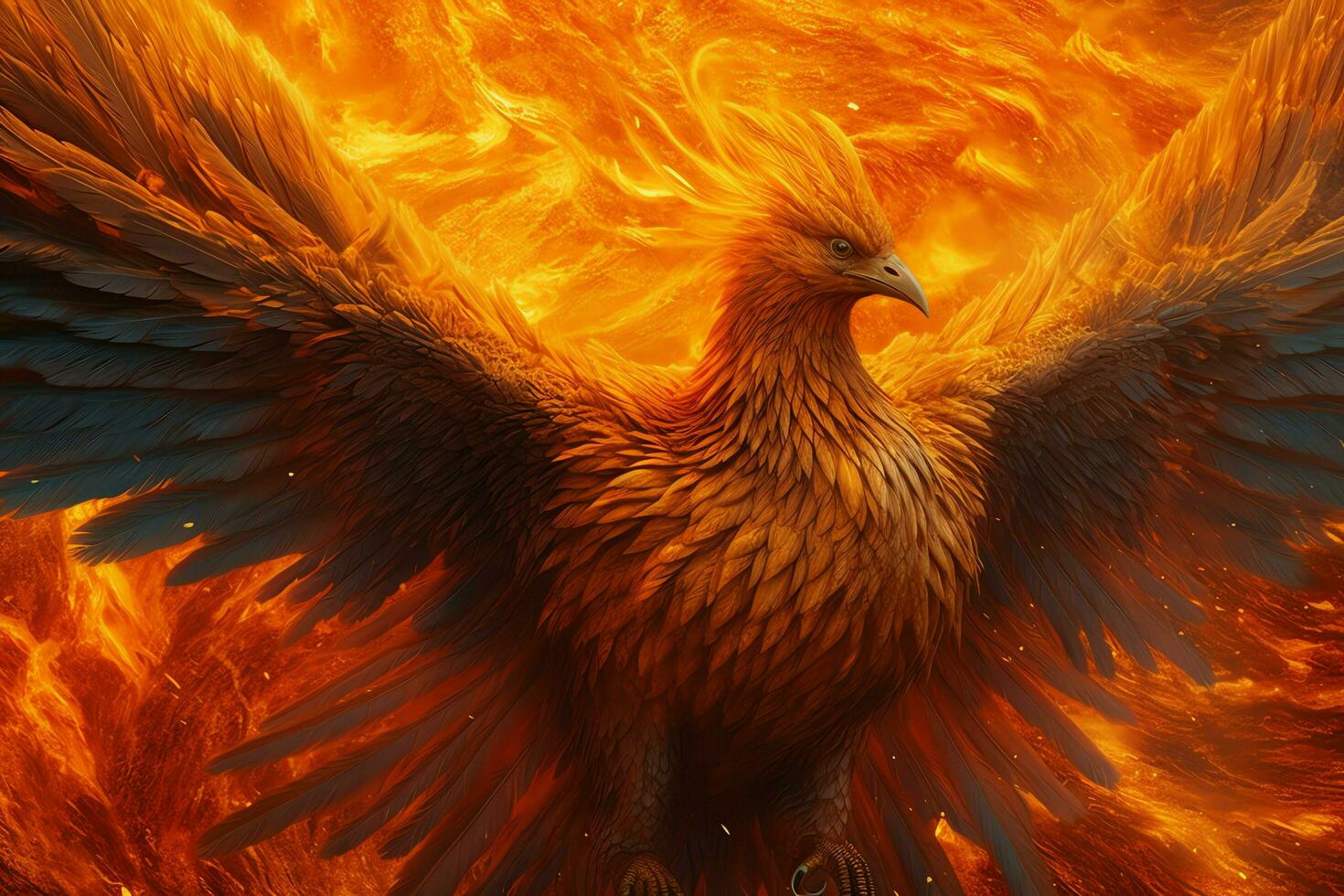 Phoenix bird with outstretched wings rising burning in flames. Epic phoenix bird fire rebirth power concept by AI Generated photo
