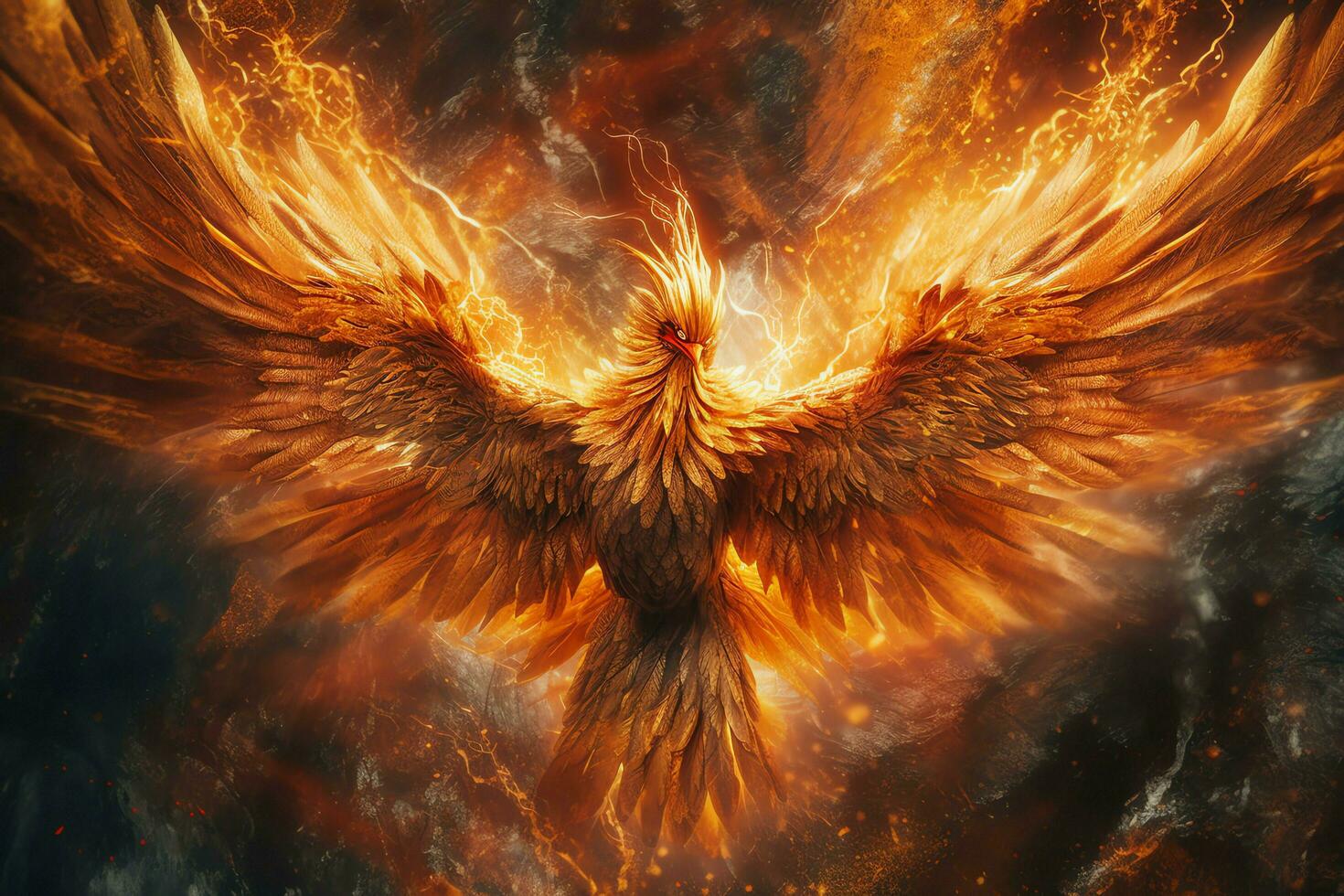Phoenix bird with outstretched wings rising burning in flames. Epic phoenix bird fire rebirth power concept by AI Generated photo