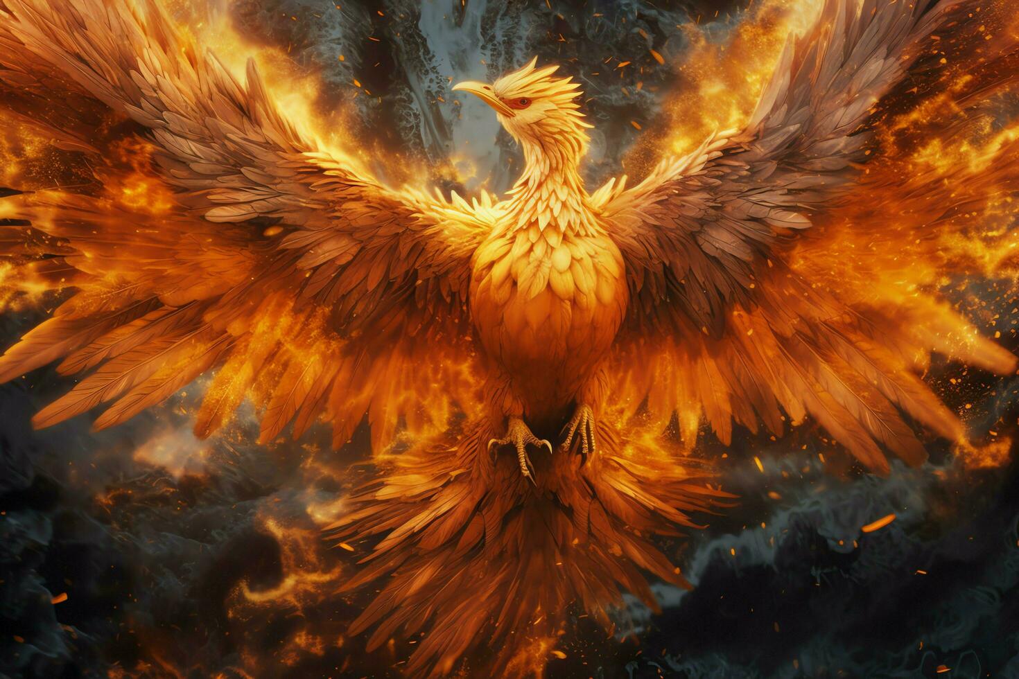 Phoenix bird with outstretched wings rising burning in flames. Epic phoenix bird fire rebirth power concept by AI Generated photo