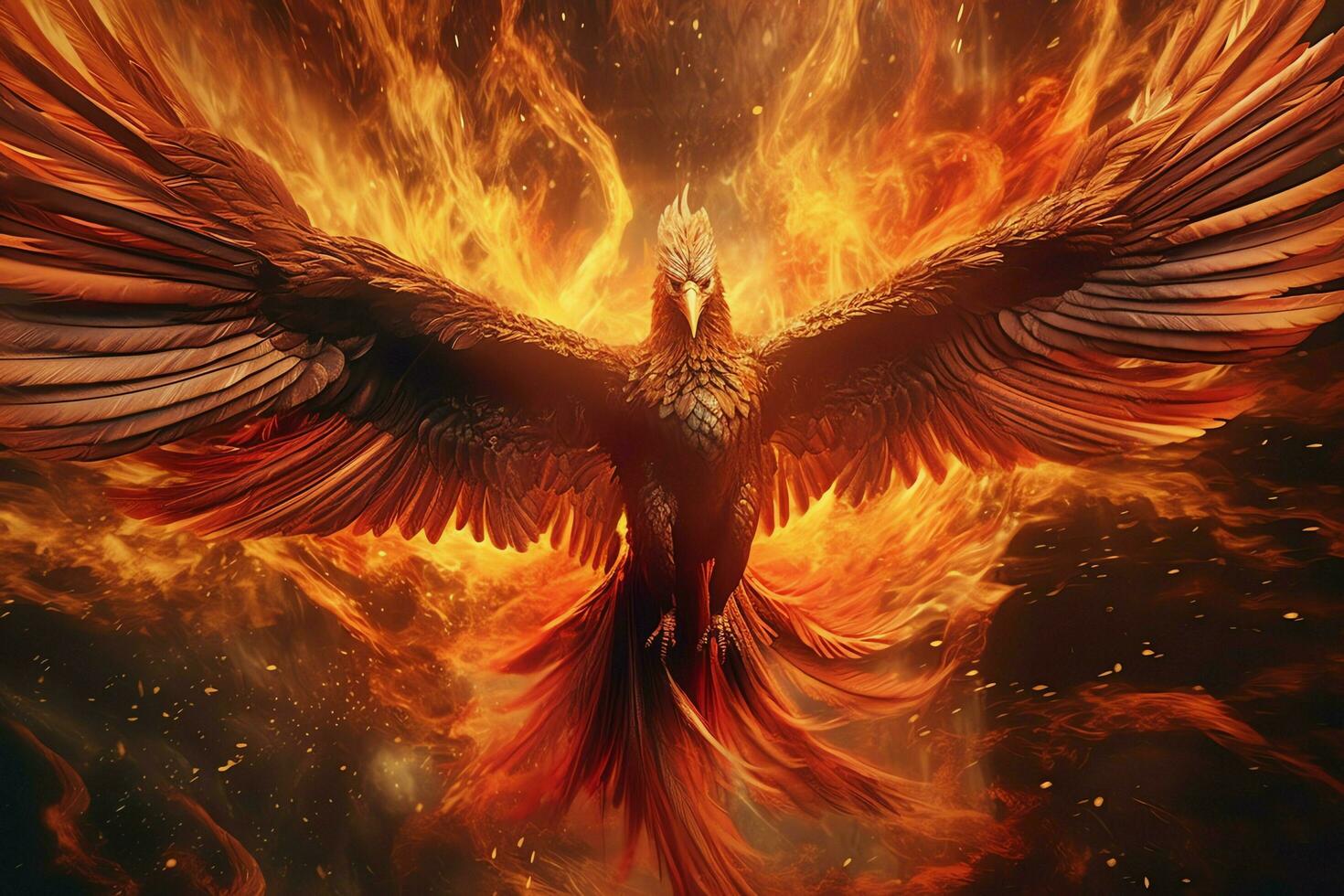 Phoenix bird with outstretched wings rising burning in flames. Epic phoenix bird fire rebirth power concept by AI Generated photo