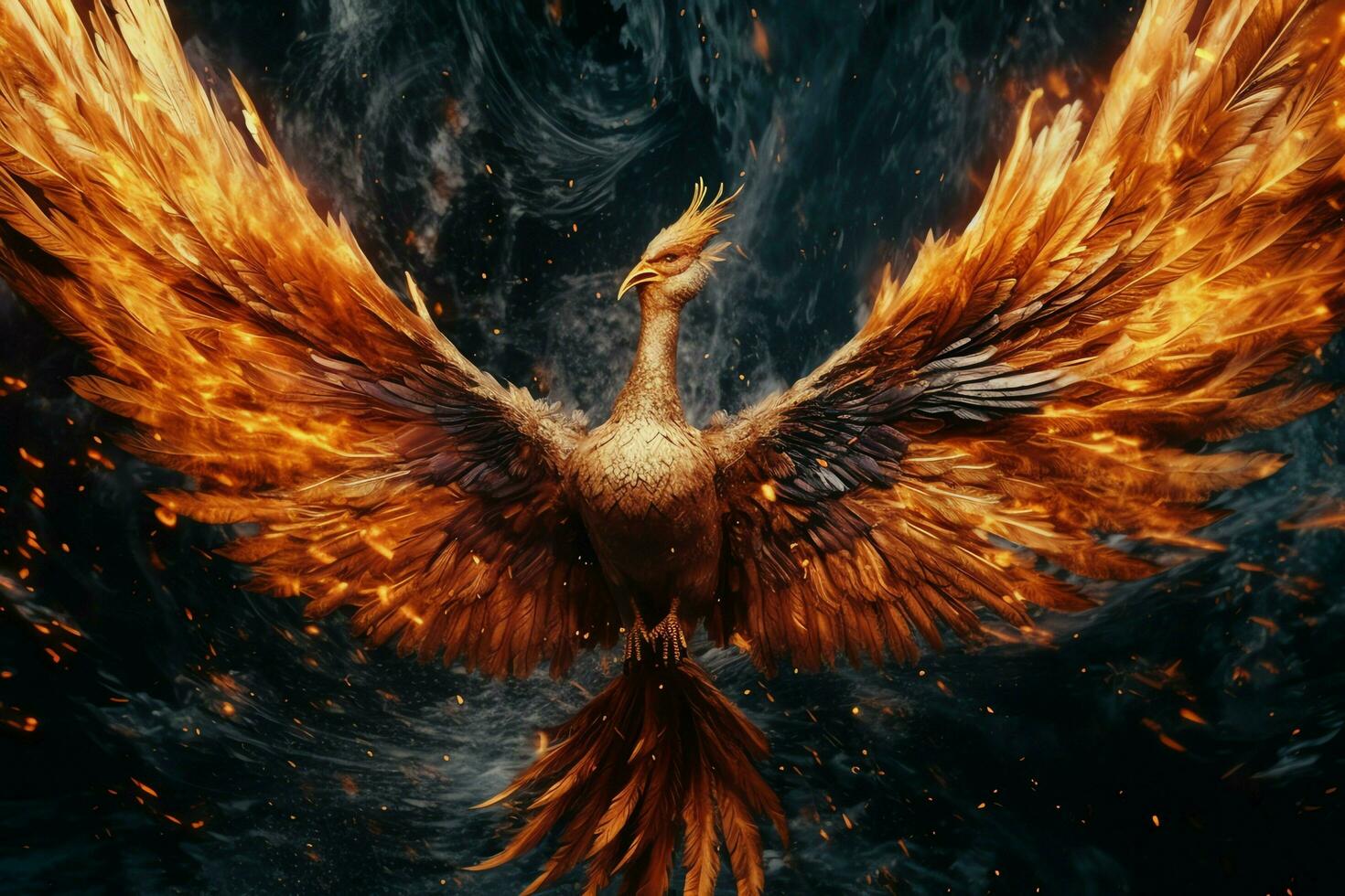 Phoenix bird with outstretched wings rising burning in flames. Epic phoenix bird fire rebirth power concept by AI Generated photo