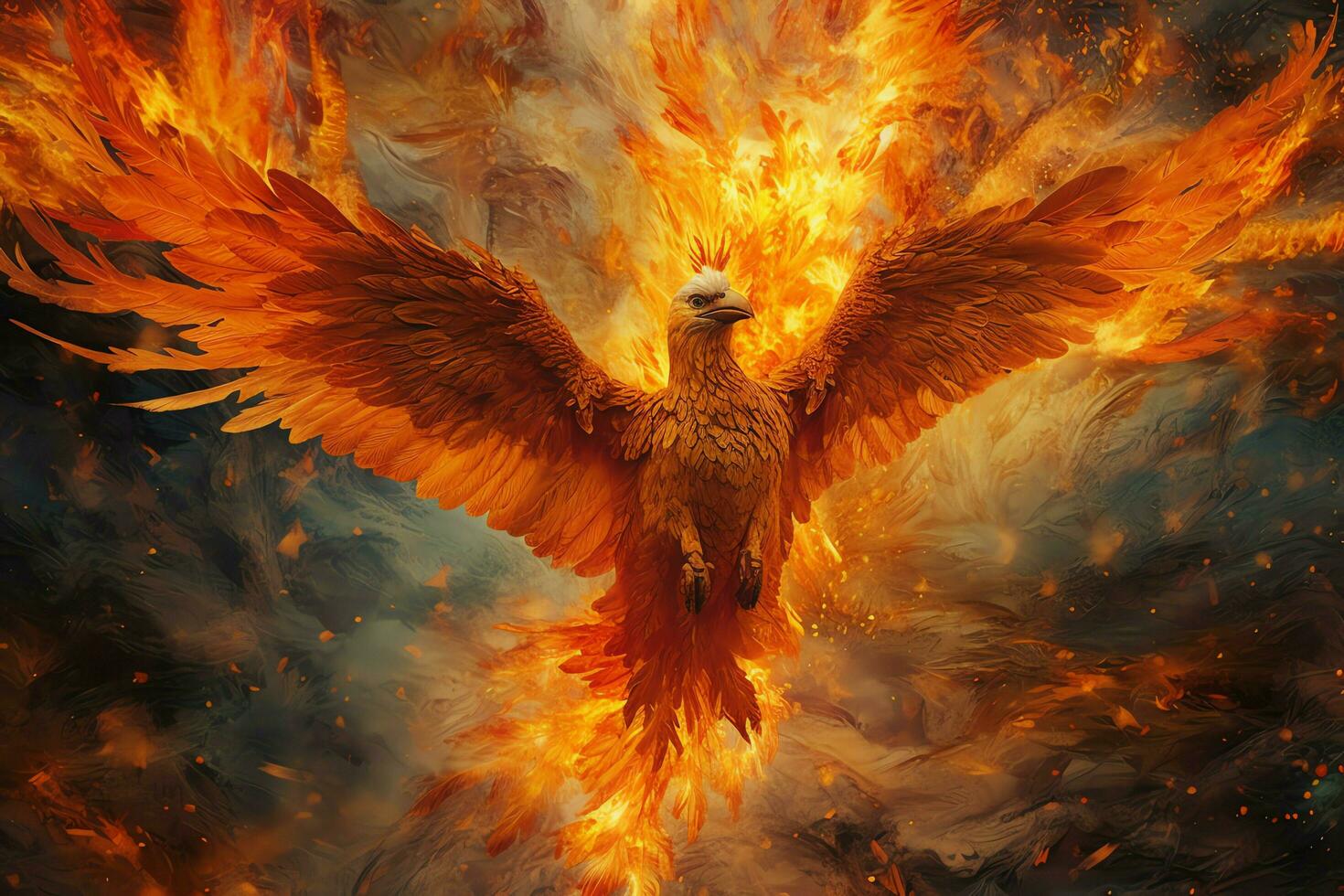 Phoenix bird with outstretched wings rising burning in flames. Epic phoenix bird fire rebirth power concept by AI Generated photo
