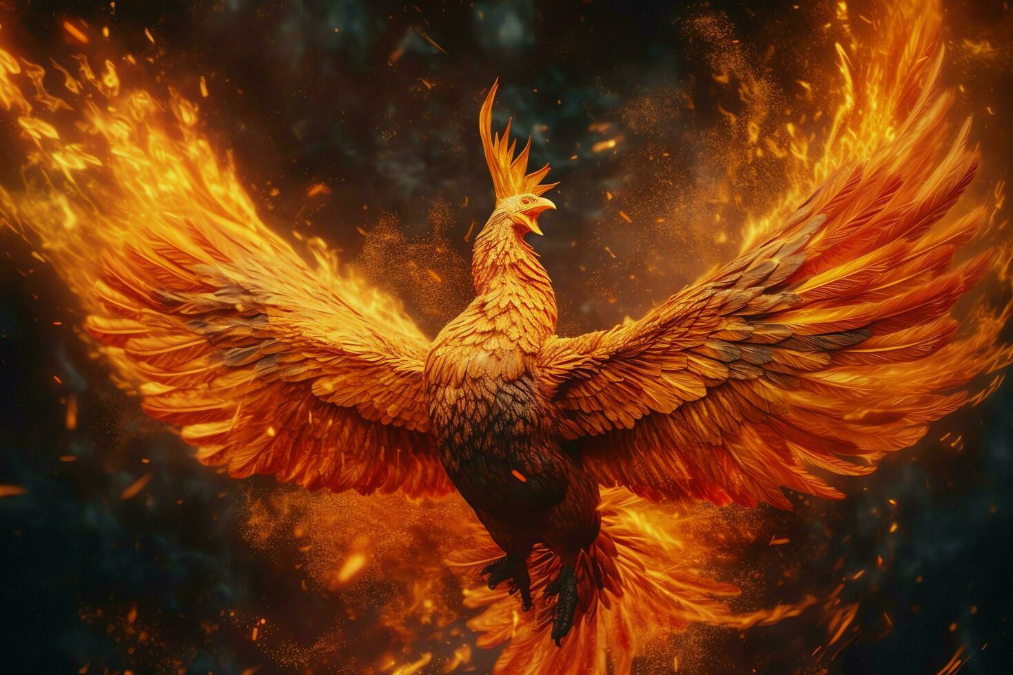 Phoenix bird with outstretched wings rising burning in flames. Epic phoenix bird fire rebirth power concept by AI Generated photo