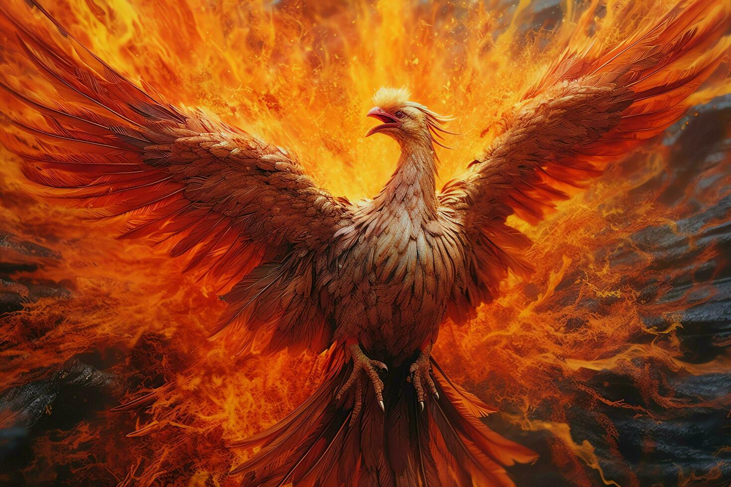 Phoenix bird with outstretched wings rising burning in flames. Epic phoenix bird fire rebirth power concept by AI Generated photo