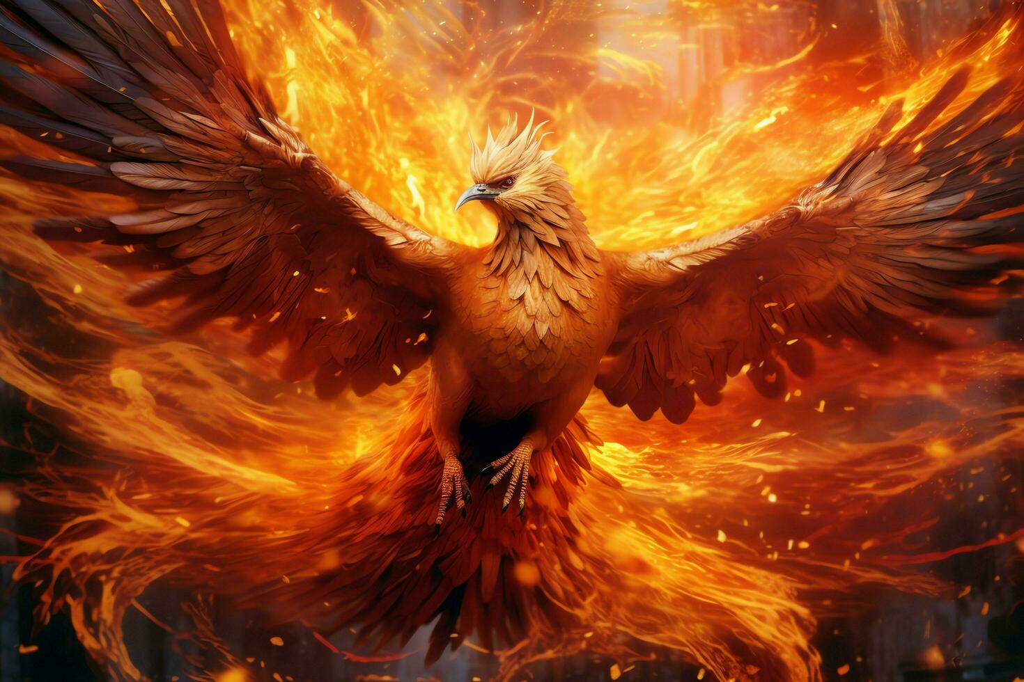 Phoenix bird with outstretched wings rising burning in flames. Epic phoenix bird fire rebirth power concept by AI Generated photo