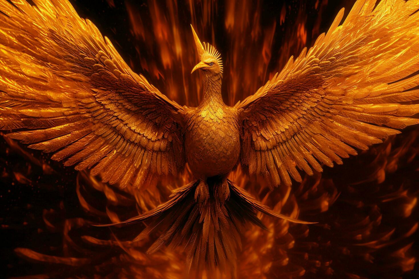 Phoenix bird with outstretched wings rising burning in flames. Epic phoenix bird fire rebirth power concept by AI Generated photo