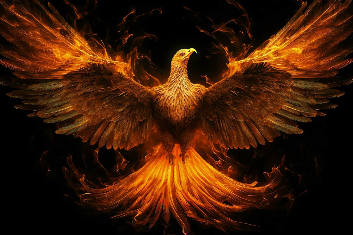Phoenix bird with outstretched wings rising burning in flames. Epic phoenix bird fire rebirth power concept by AI Generated photo