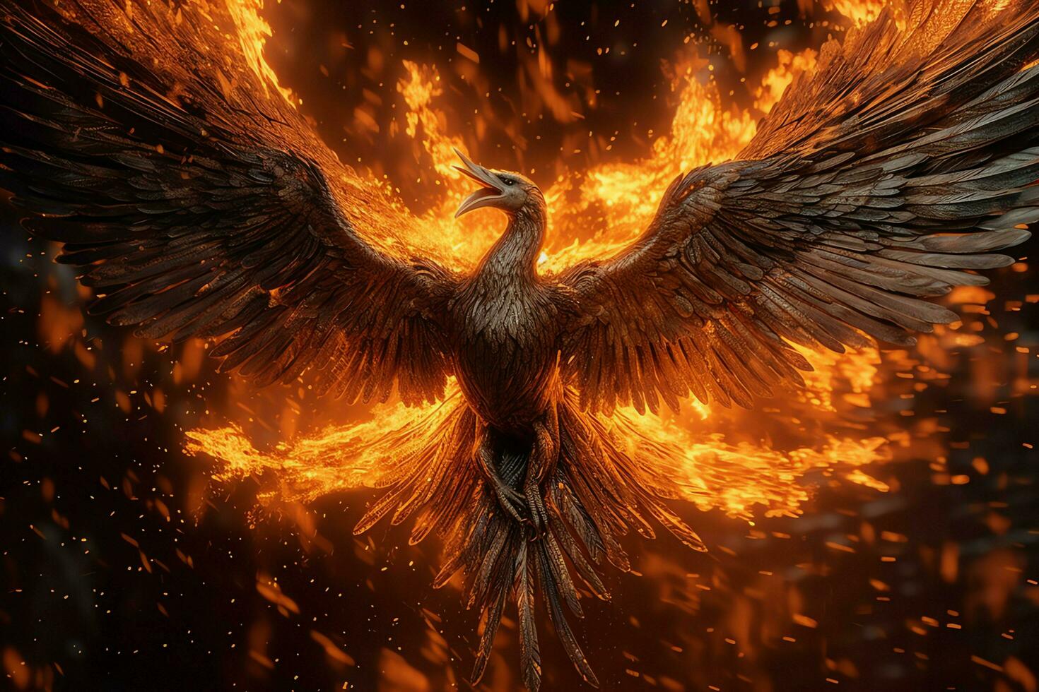 Phoenix bird with outstretched wings rising burning in flames. Epic phoenix bird fire rebirth power concept by AI Generated photo