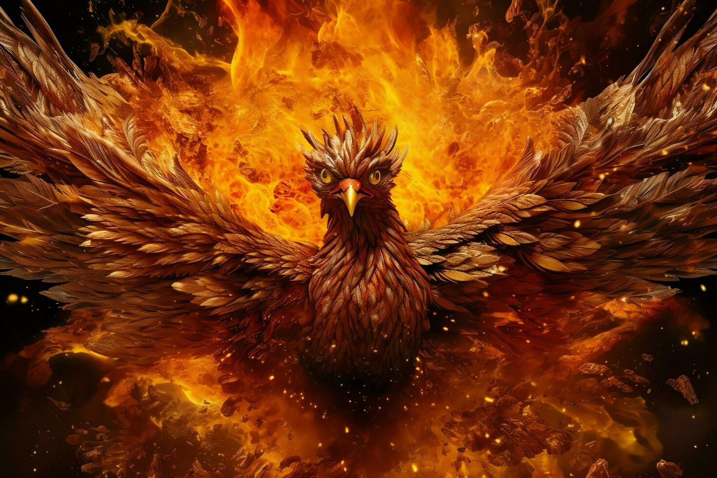 Phoenix bird with outstretched wings rising burning in flames. Epic phoenix bird fire rebirth power concept by AI Generated photo