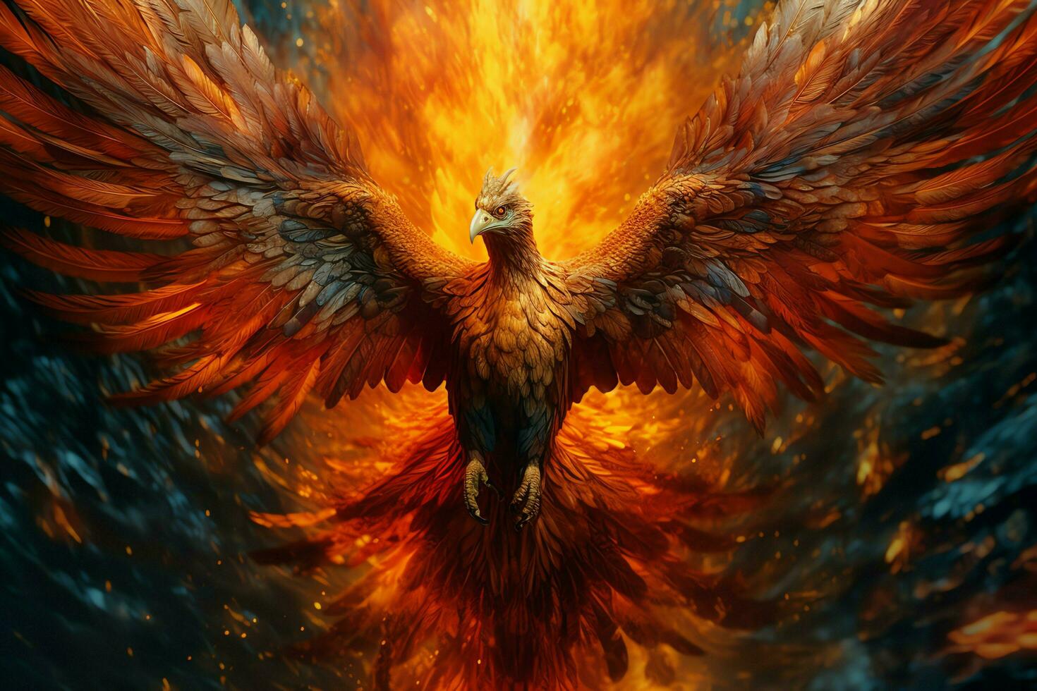 Phoenix bird with outstretched wings rising burning in flames. Epic phoenix bird fire rebirth power concept by AI Generated photo