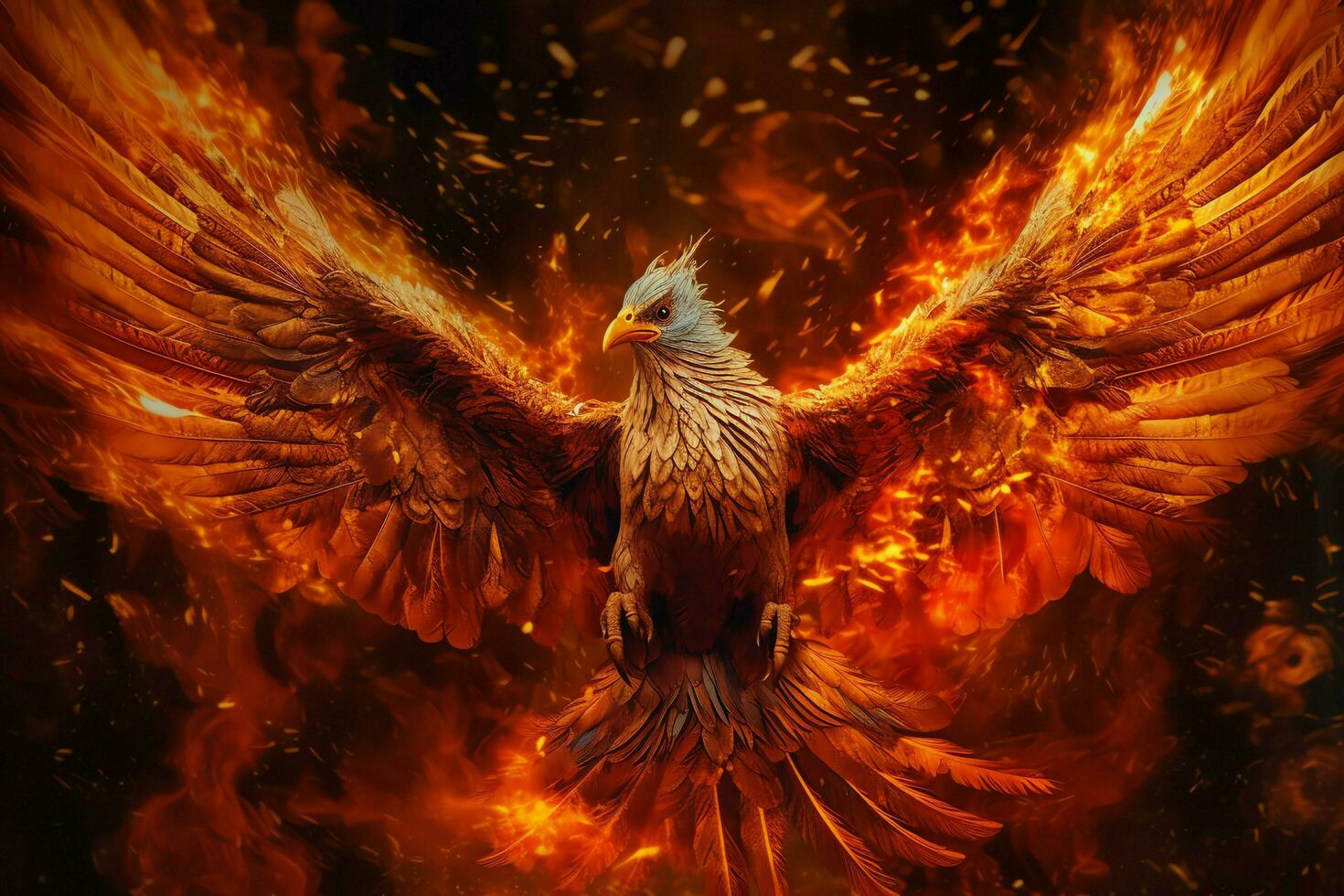 Phoenix bird with outstretched wings rising burning in flames. Epic phoenix bird fire rebirth power concept by AI Generated photo
