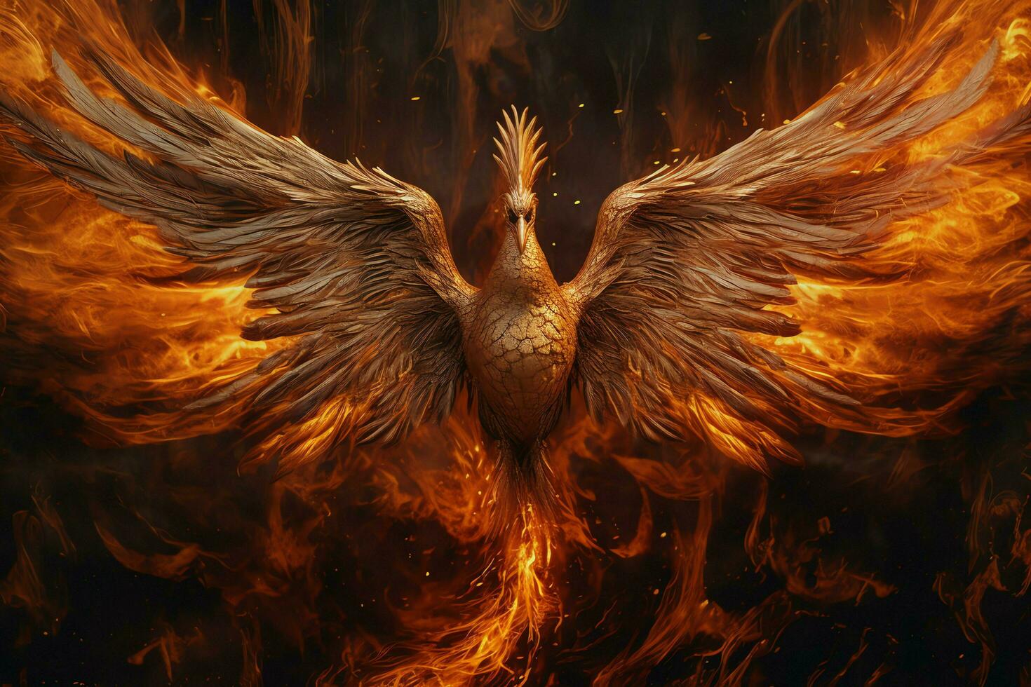 Phoenix bird with outstretched wings rising burning in flames. Epic phoenix bird fire rebirth power concept by AI Generated photo