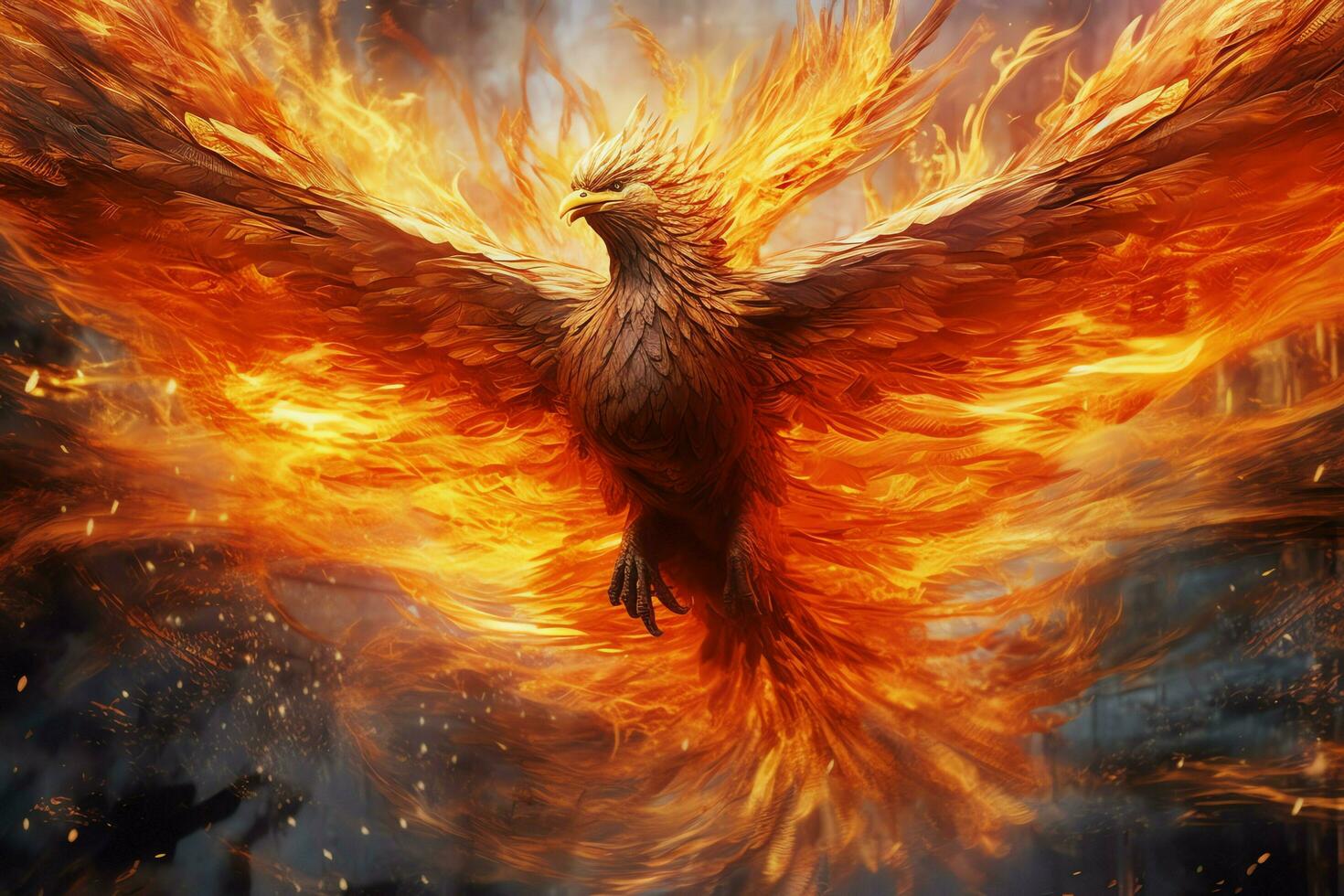 Phoenix bird with outstretched wings rising burning in flames. Epic phoenix bird fire rebirth power concept by AI Generated photo