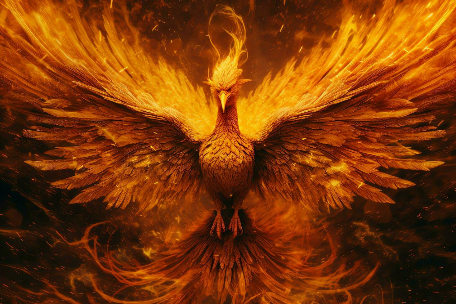 Phoenix bird with outstretched wings rising burning in flames. Epic phoenix bird fire rebirth power concept by AI Generated photo