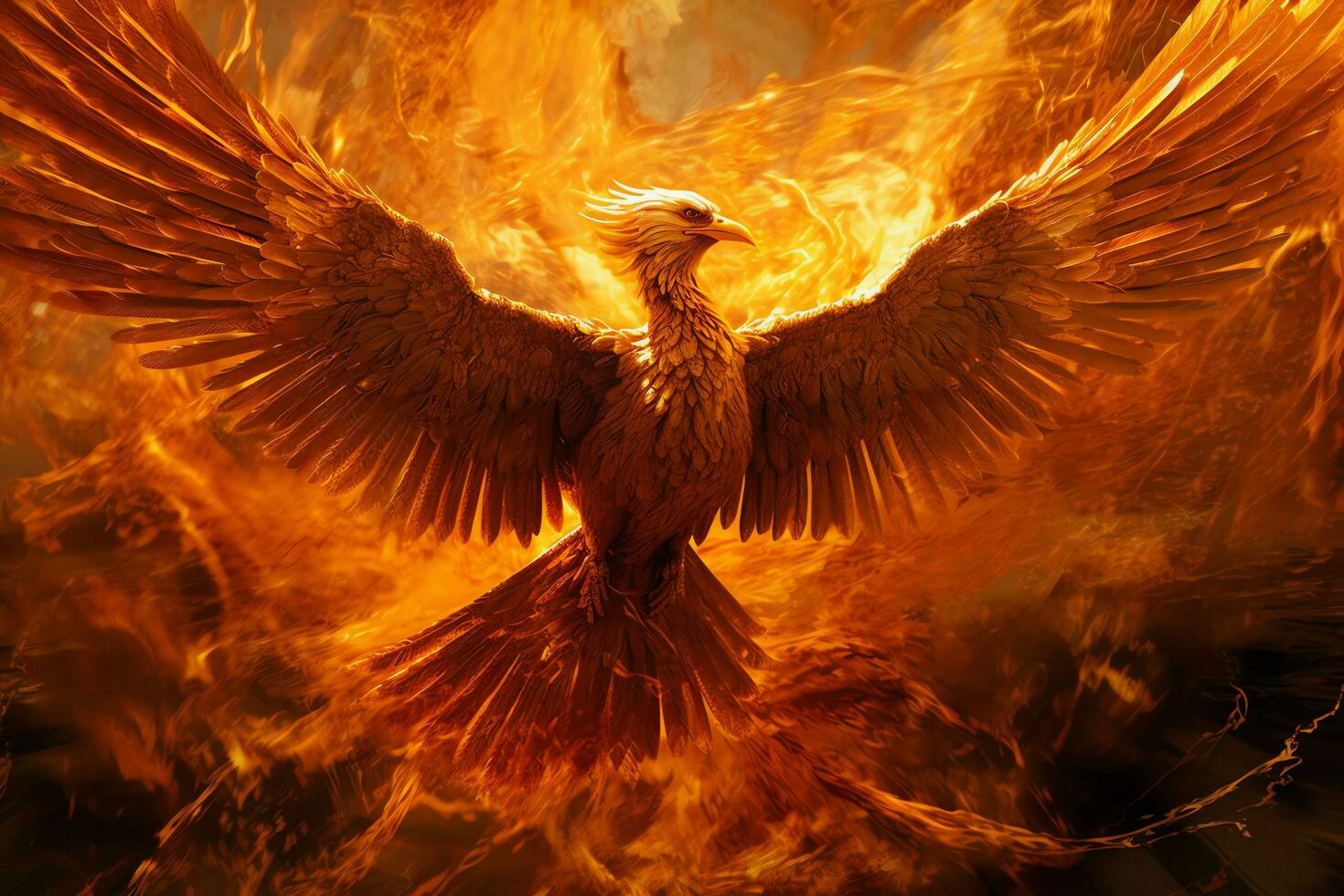 Phoenix bird with outstretched wings rising burning in flames. Epic phoenix bird fire rebirth power concept by AI Generated photo