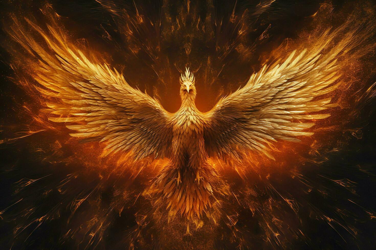Phoenix bird with outstretched wings rising burning in flames. Epic phoenix bird fire rebirth power concept by AI Generated photo