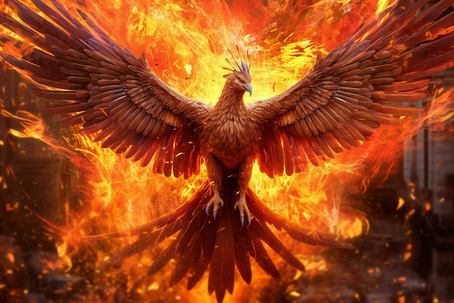 Phoenix bird with outstretched wings rising burning in flames. Epic ...