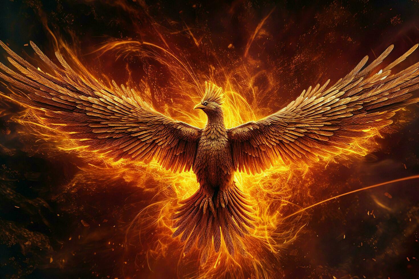 Phoenix bird with outstretched wings rising burning in flames. Epic phoenix bird fire rebirth power concept by AI Generated photo