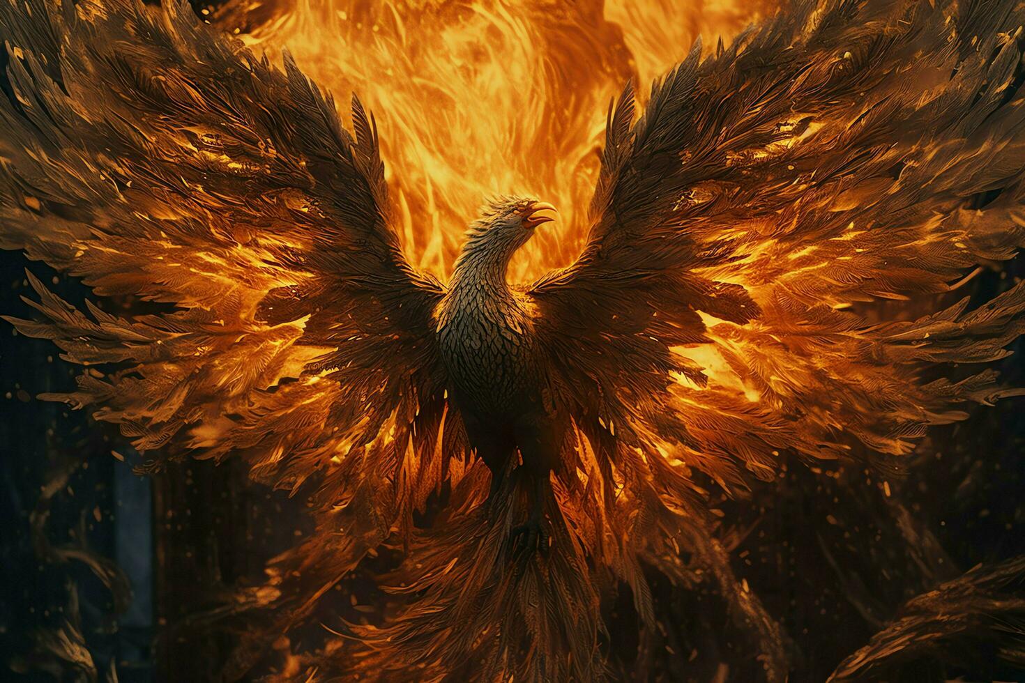 Phoenix bird with outstretched wings rising burning in flames. Epic phoenix bird fire rebirth power concept by AI Generated photo