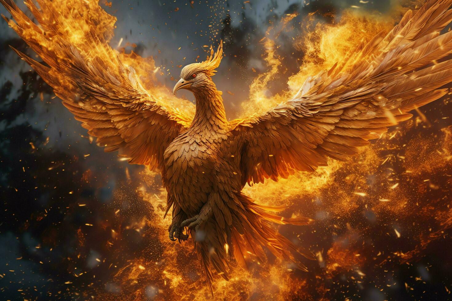 Phoenix bird with outstretched wings rising burning in flames. Epic phoenix bird fire rebirth power concept by AI Generated photo