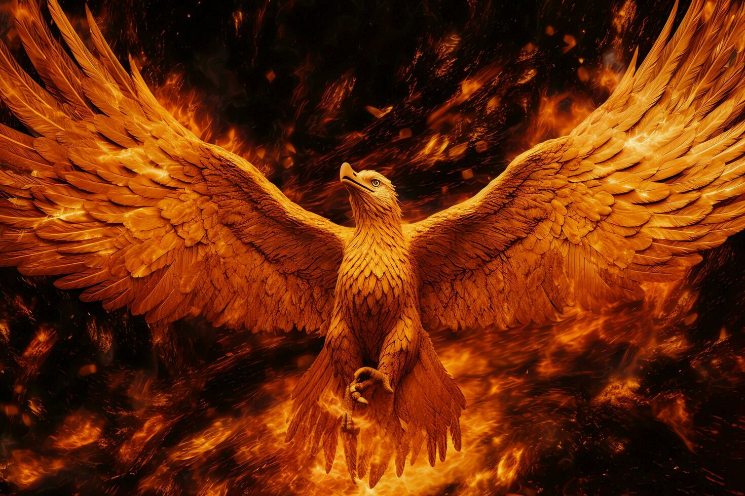 Phoenix bird with outstretched wings rising burning in flames. Epic phoenix bird fire rebirth power concept by AI Generated photo