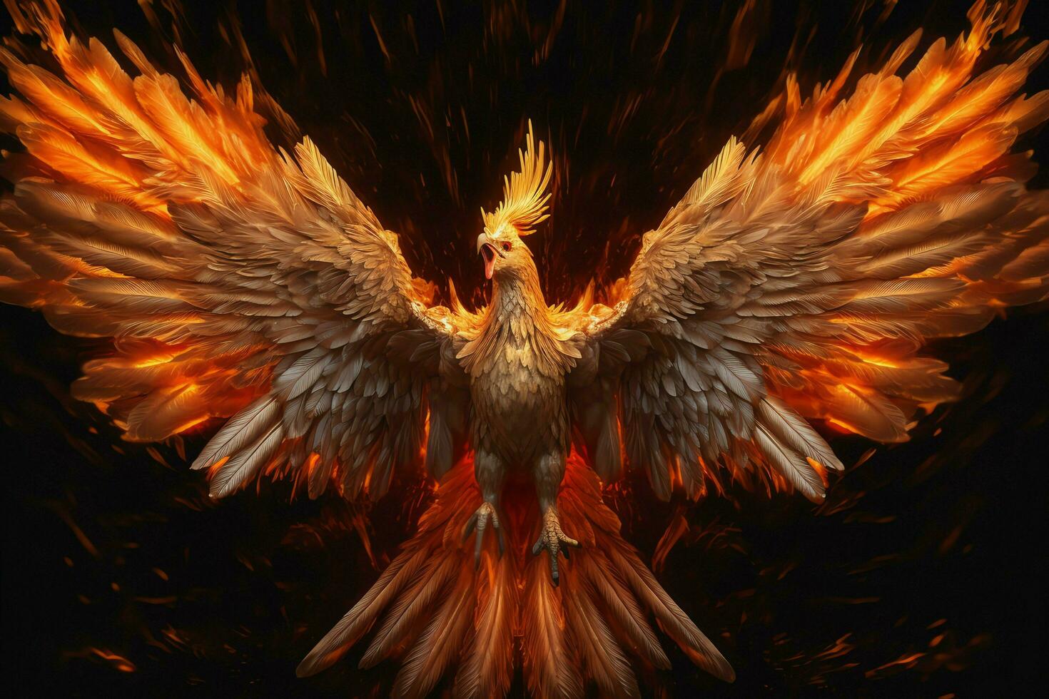 Phoenix bird with outstretched wings rising burning in flames. Epic phoenix bird fire rebirth power concept by AI Generated photo