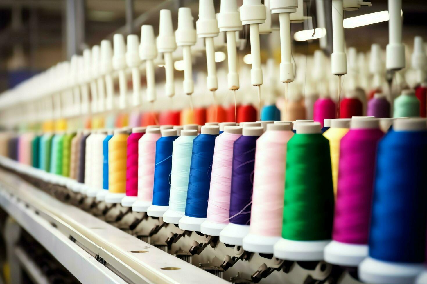 textil paño fábrica industria con bordado máquina, tejido de punto o hilado. de coser hilo empresa concepto por ai generado foto