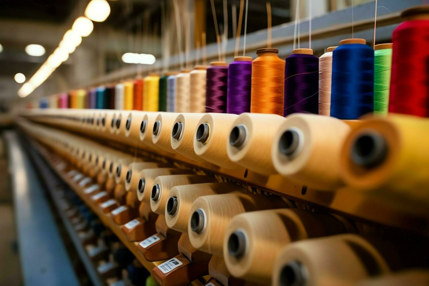 Textile cloth factory industry with embroidery machine, knitting or spinning. Sewing thread company concept by AI Generated photo