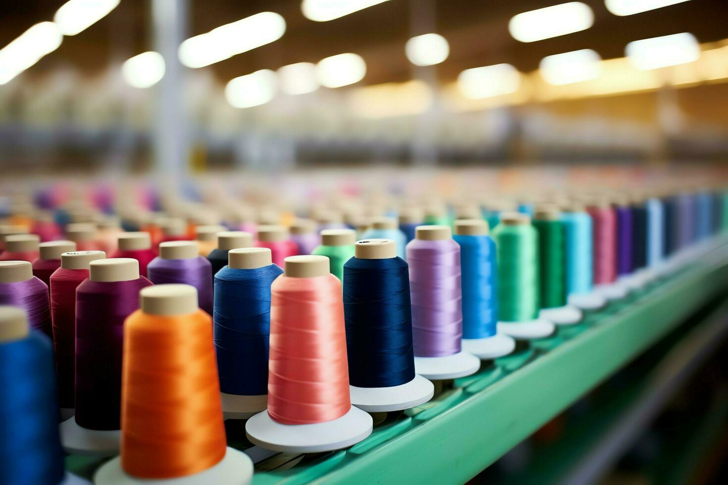 textil paño fábrica industria con bordado máquina, tejido de punto o hilado. de coser hilo empresa concepto por ai generado foto