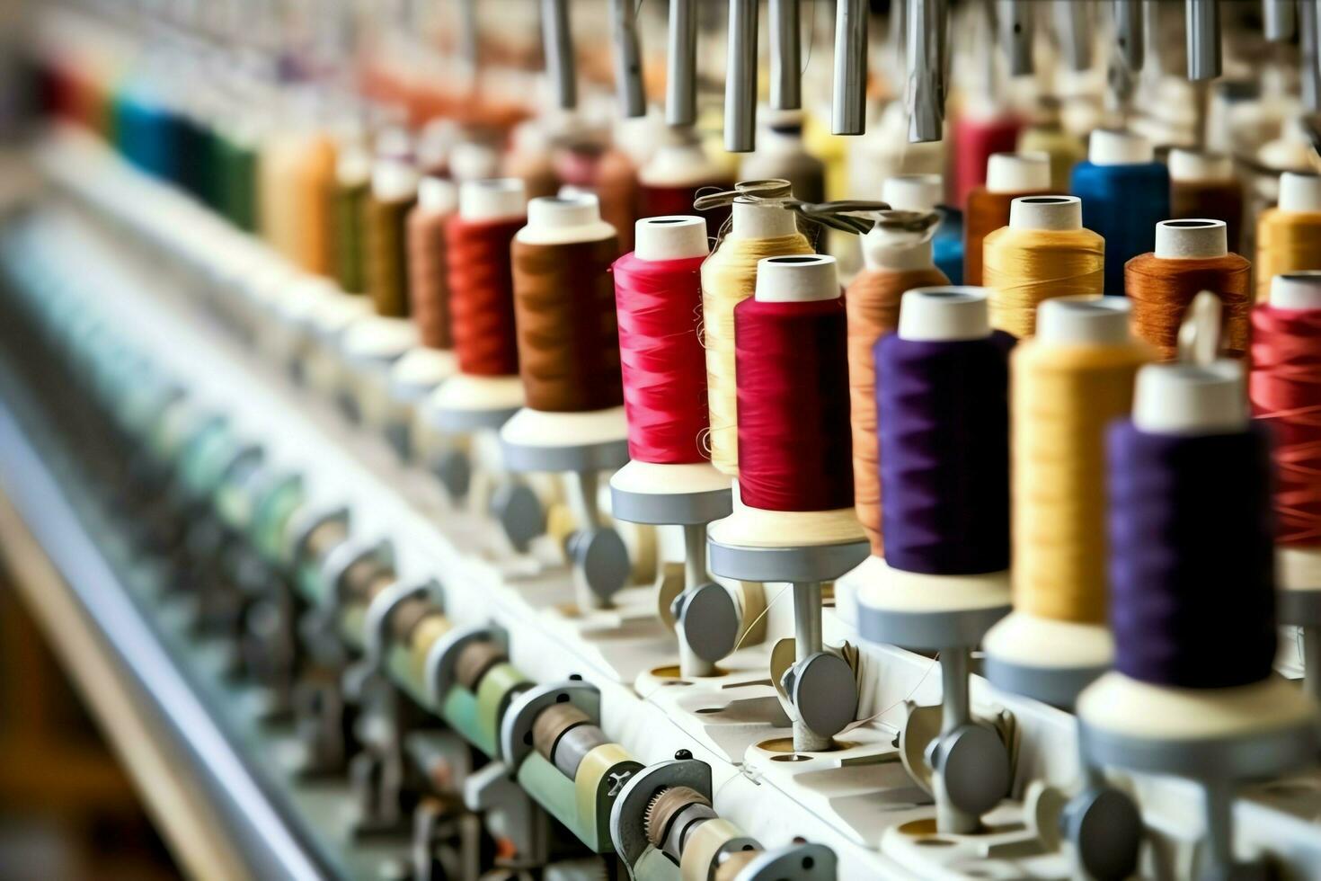 Textile cloth factory industry with embroidery machine, knitting or spinning. Sewing thread company concept by AI Generated photo