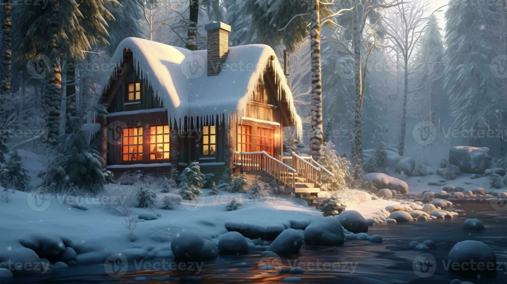 One-storey cottage in winter, Generative ai photo