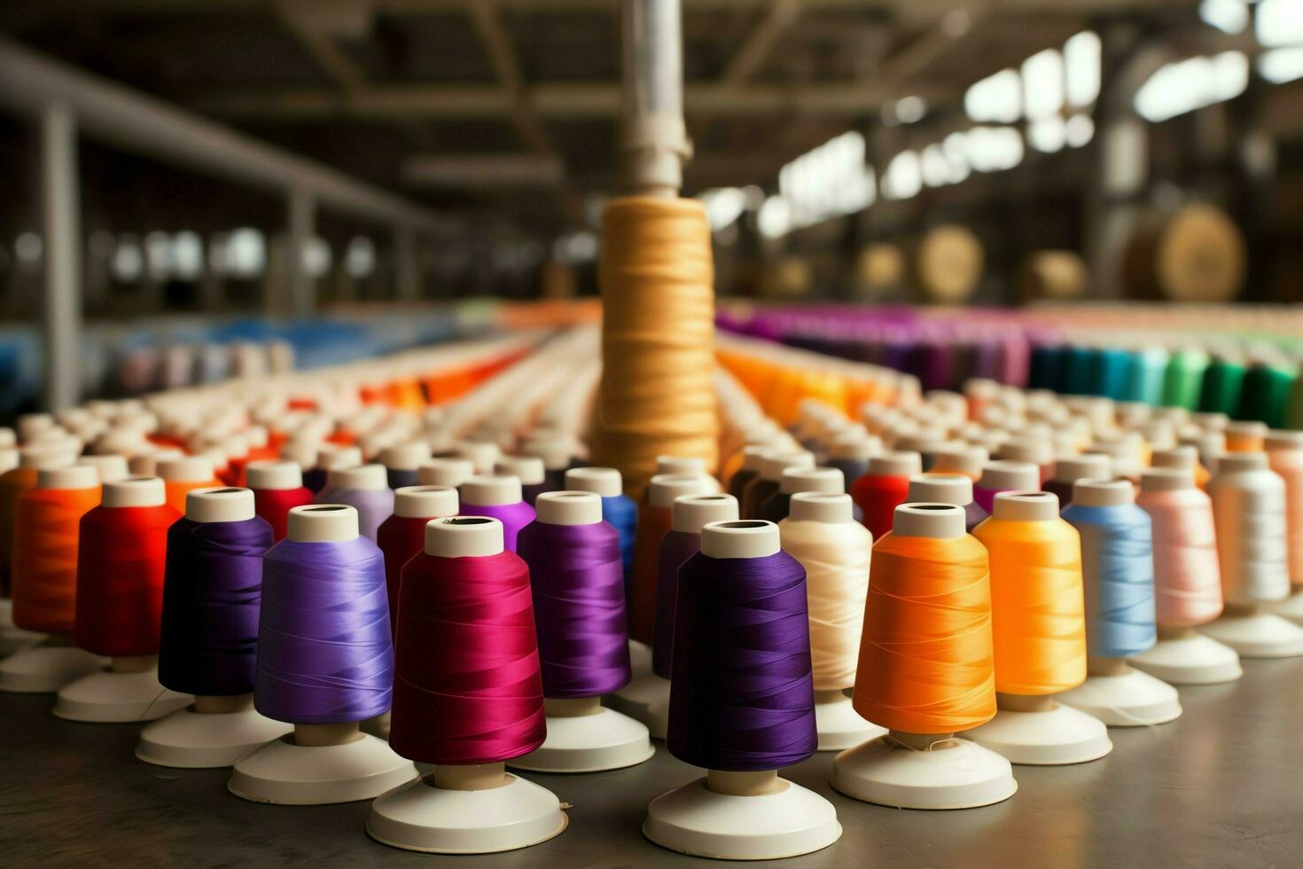 textil paño fábrica industria con bordado máquina, tejido de punto o hilado. de coser hilo empresa concepto por ai generado foto