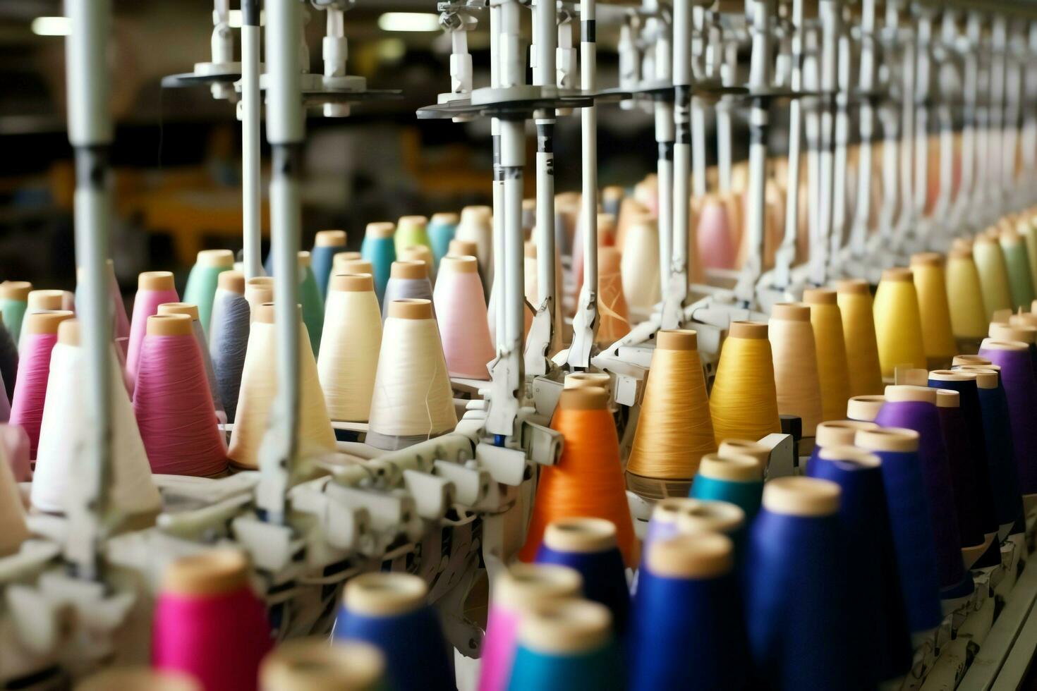 textil paño fábrica industria con bordado máquina, tejido de punto o hilado. de coser hilo empresa concepto por ai generado foto