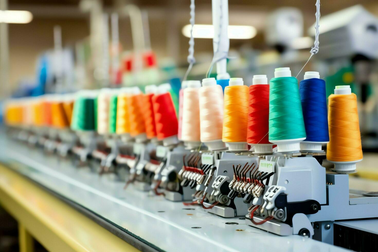 Textile cloth factory industry with embroidery machine, knitting or spinning. Sewing thread company concept by AI Generated photo