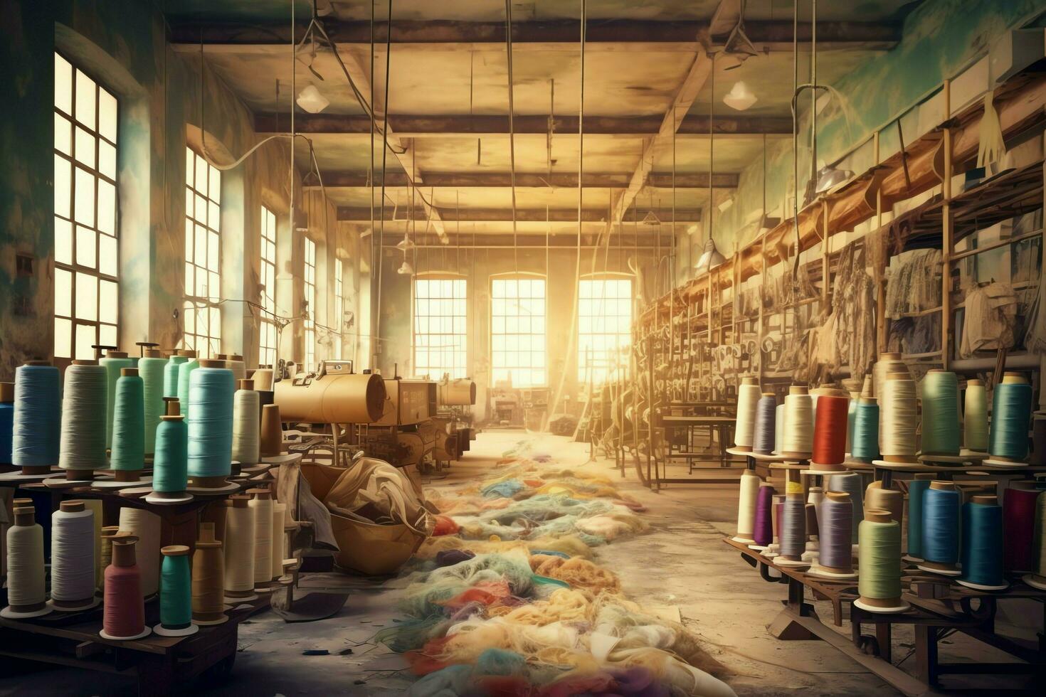 Textile cloth factory industry with embroidery machine, knitting or spinning. Sewing thread company concept by AI Generated photo