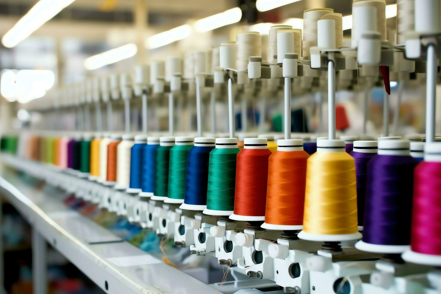 Textile cloth factory industry with embroidery machine, knitting or spinning. Sewing thread company concept by AI Generated photo
