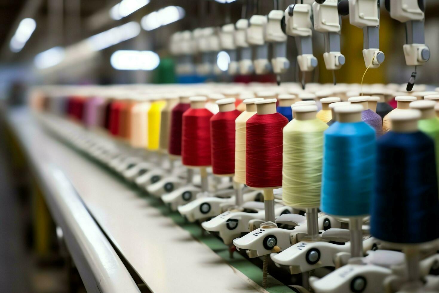 textil paño fábrica industria con bordado máquina, tejido de punto o hilado. de coser hilo empresa concepto por ai generado foto