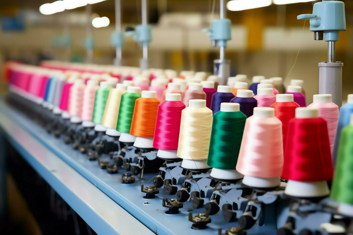 textil paño fábrica industria con bordado máquina, tejido de punto o hilado. de coser hilo empresa concepto por ai generado foto