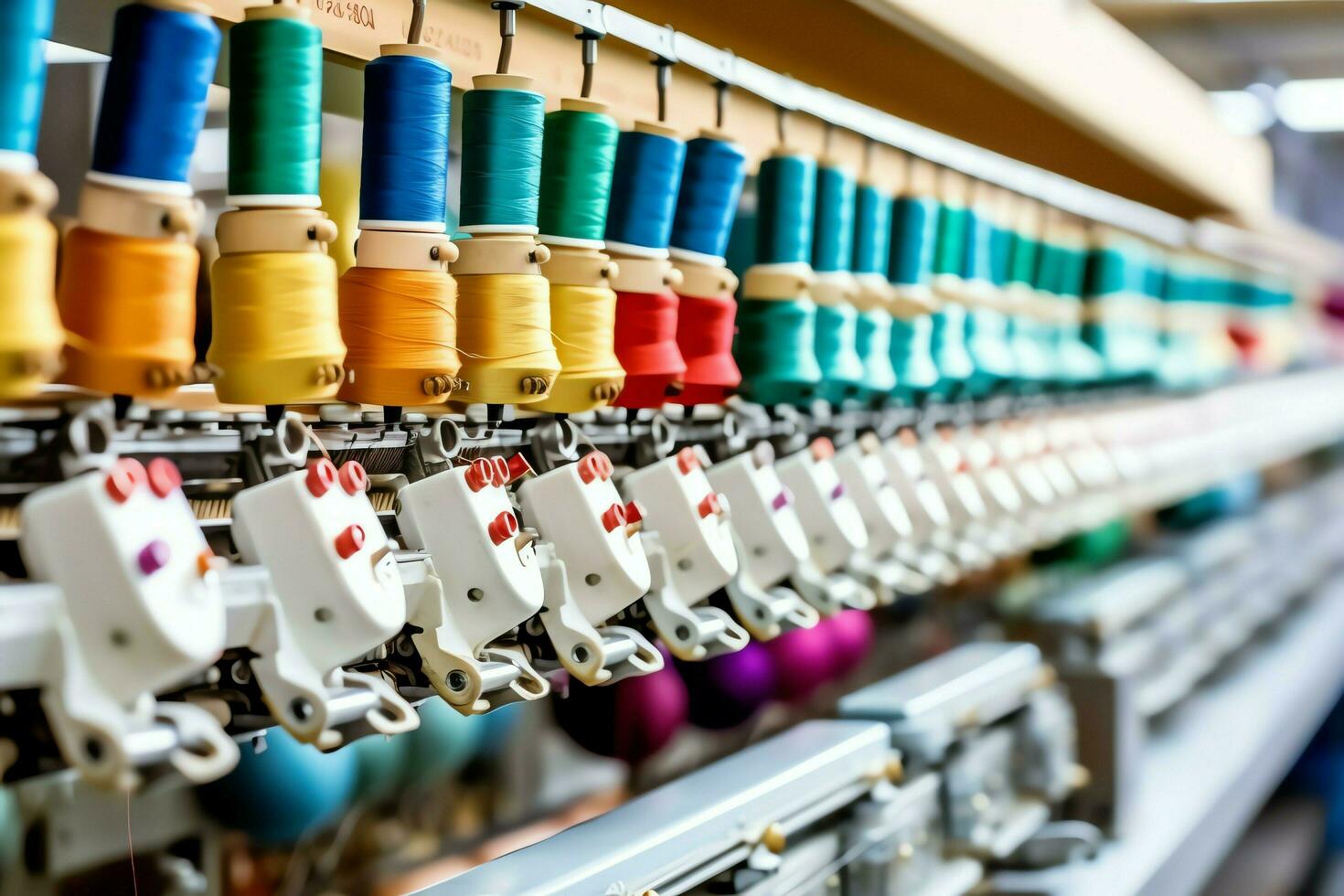 Textile cloth factory industry with embroidery machine, knitting or spinning. Sewing thread company concept by AI Generated photo