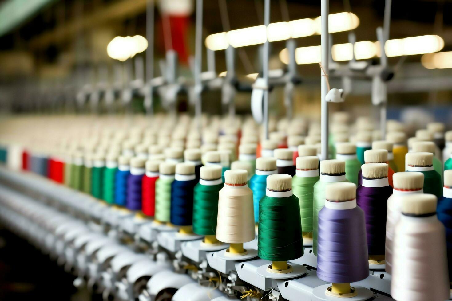 textil paño fábrica industria con bordado máquina, tejido de punto o hilado. de coser hilo empresa concepto por ai generado foto