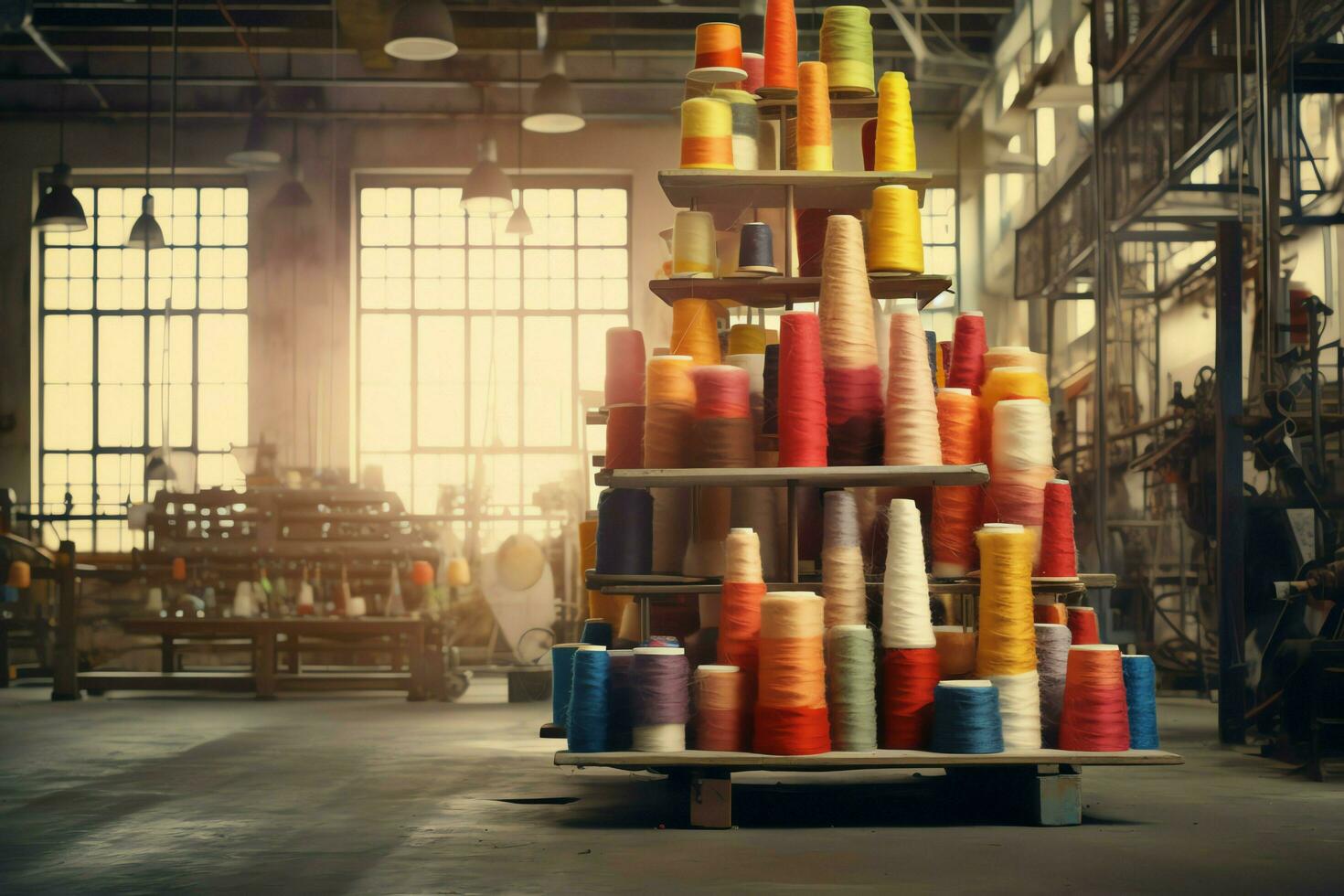 Textile cloth factory industry with embroidery machine, knitting or spinning. Sewing thread company concept by AI Generated photo