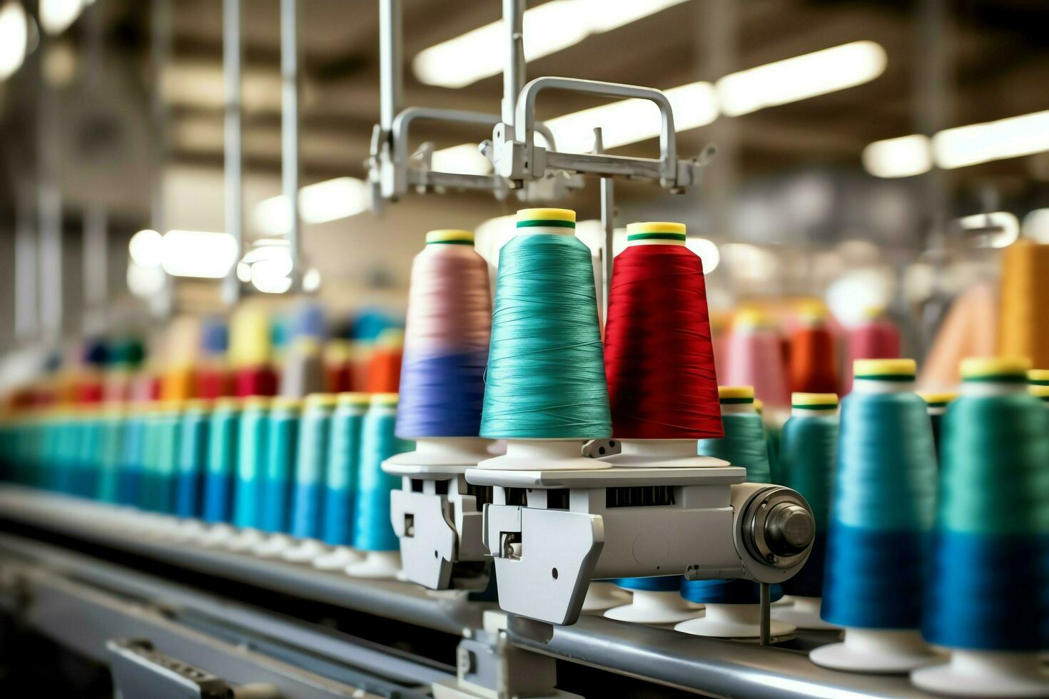 textil paño fábrica industria con bordado máquina, tejido de punto o hilado. de coser hilo empresa concepto por ai generado foto