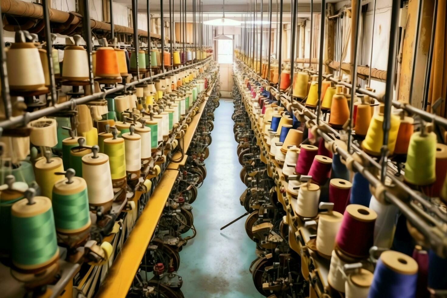 textil paño fábrica industria con bordado máquina, tejido de punto o hilado. de coser hilo empresa concepto por ai generado foto