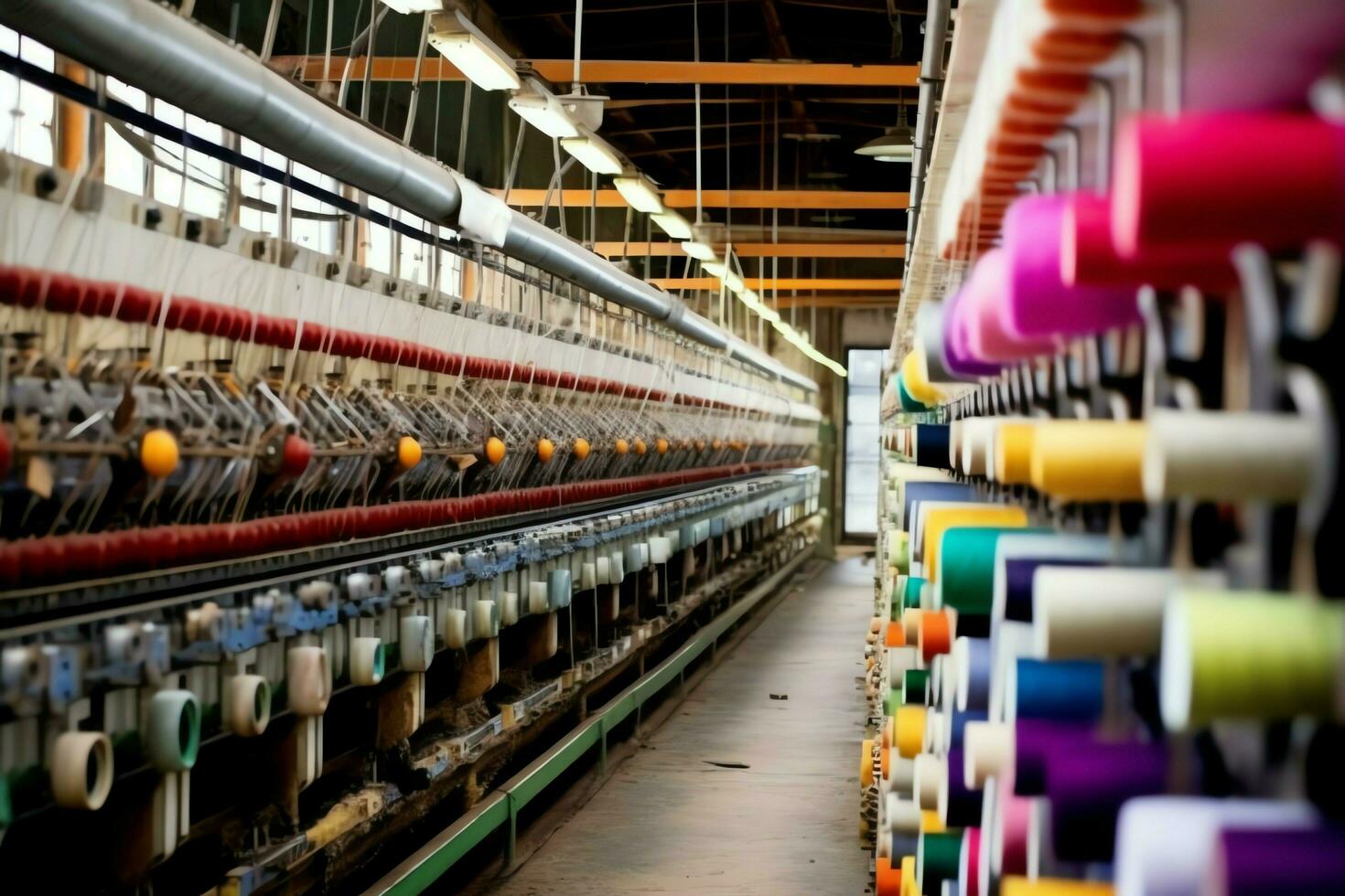 textil paño fábrica industria con bordado máquina, tejido de punto o hilado. de coser hilo empresa concepto por ai generado foto