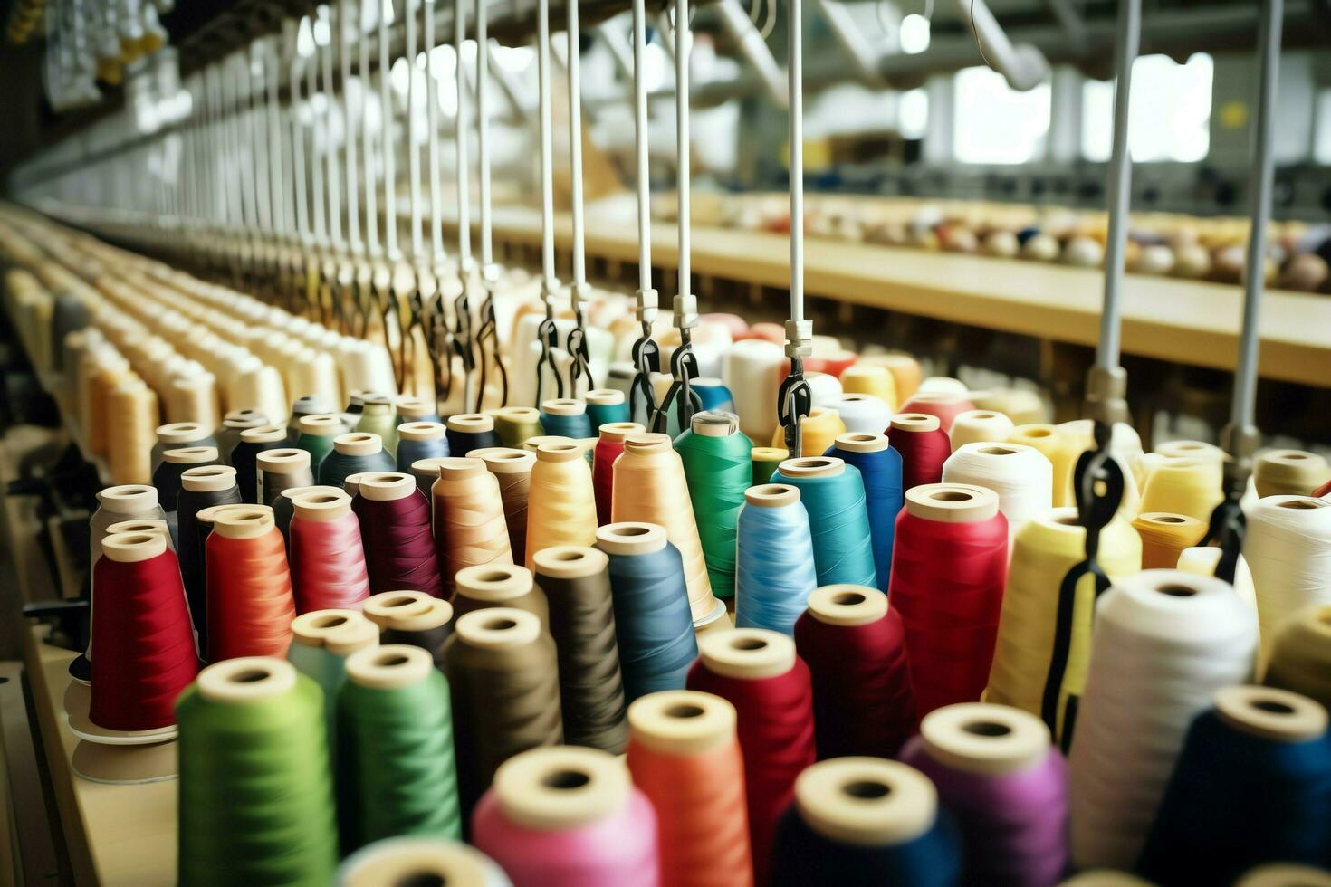 Textile cloth factory industry with embroidery machine, knitting or spinning. Sewing thread company concept by AI Generated photo